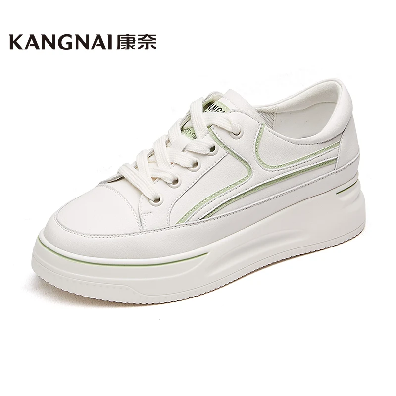 

KANGNAI Flat Platform Women Shoes Split Leather Sneakers Lace Up Round Toe Female White Casual Shoes