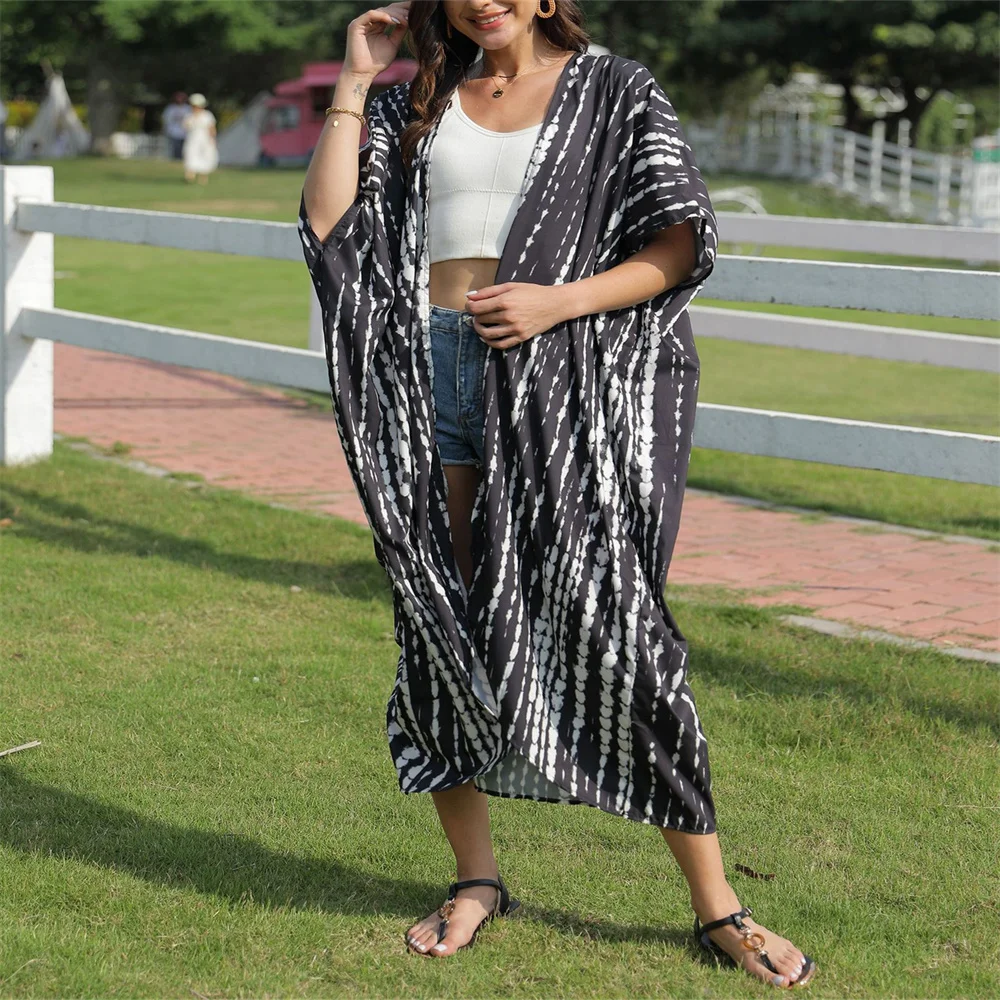 

2022 Tie Dye Bikini Cover-Ups Black Retro Striped Self Belted Plus Size Women Summer Kimono Dress Beach Wear Swim Suit Cover Up