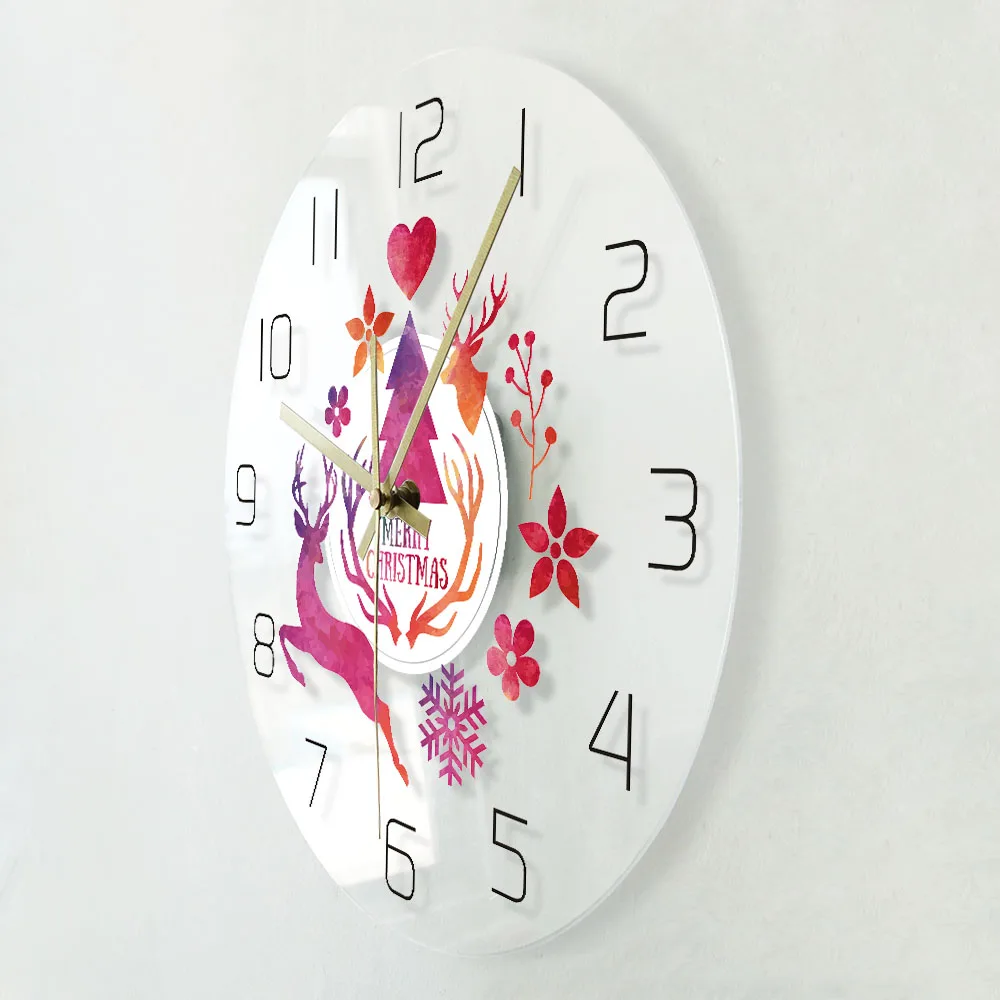 Merry Christmas Watercolor Deer Painting Print Modern Simple Wall Clock Holiday Hanging Timepiece Watch New Year Home Decor | Дом и сад