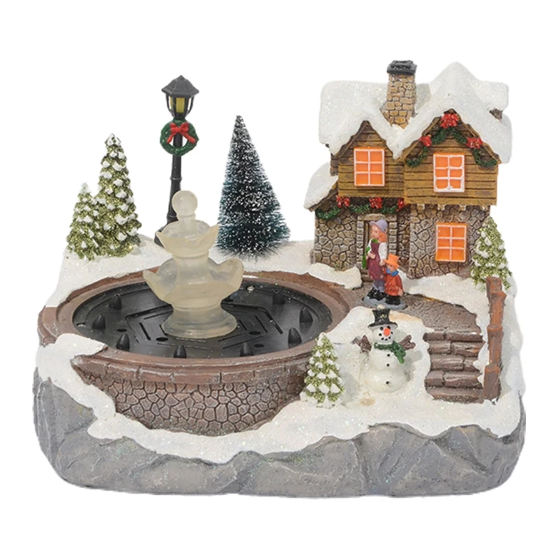 

Christmas Village Scene Ornament Colorful LED Lighted Resin Snow House Music Water Fountain Animated Statues Figurine