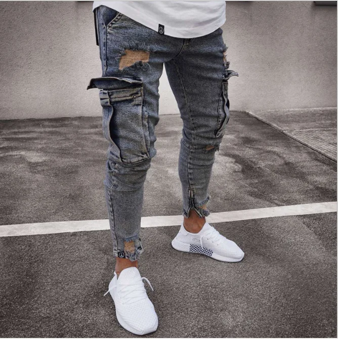 

2021 new jeans knee large pocket small foot zipper jeans men