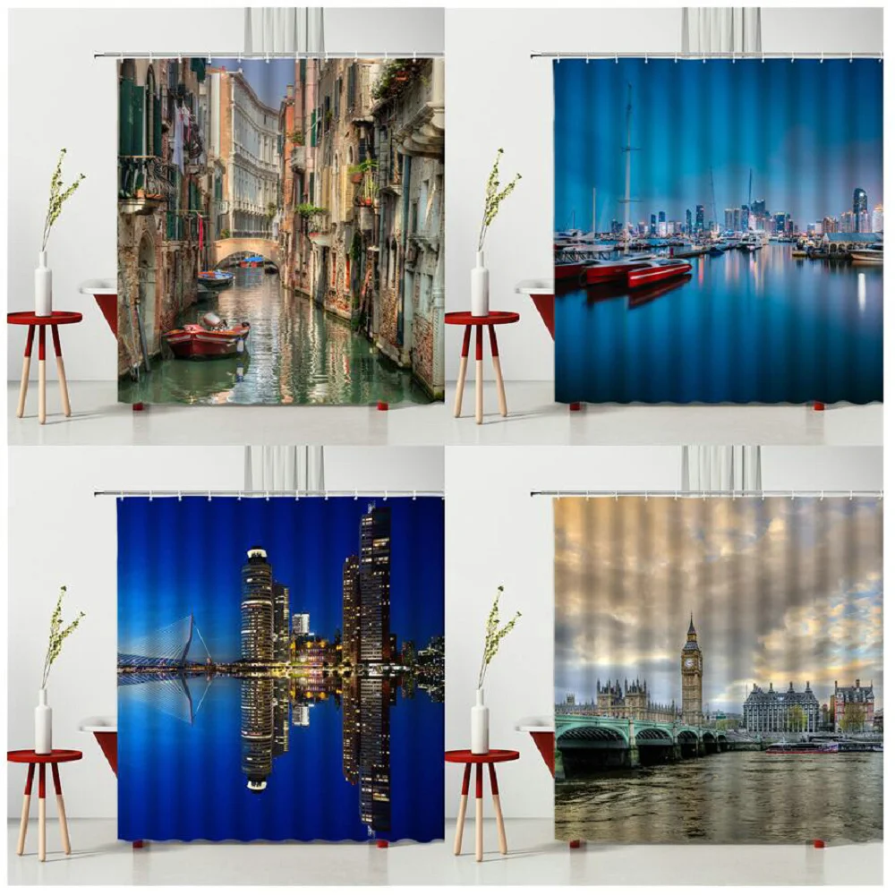 

Italy Cityscape Shower Curtain Hooks Venice Bathroom Decor Waterproof Screen Hanging Curtain Multiple Size