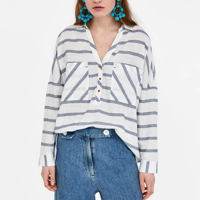 2019 za actumn женские модные полосатые повседневные хлопковые блузки свободные