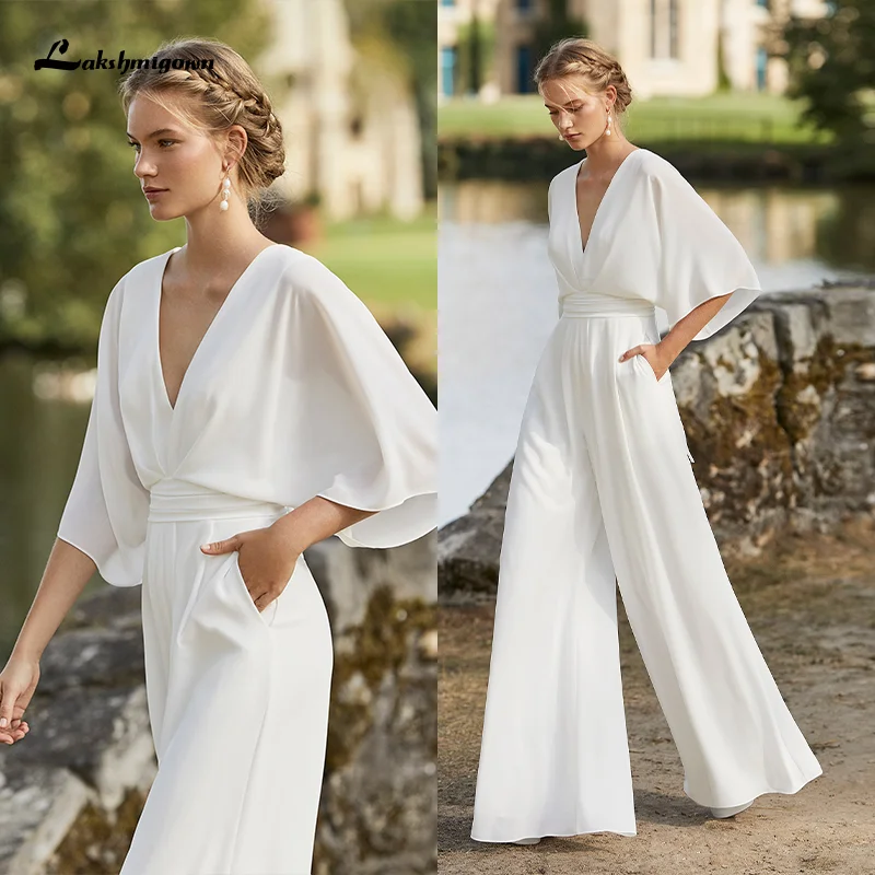 

Simple Wedding Dresses Classic Boho Lace Jumpsuit Receipt Bridal Gowns 2022 Women Chiffon Beach Pant Suit
