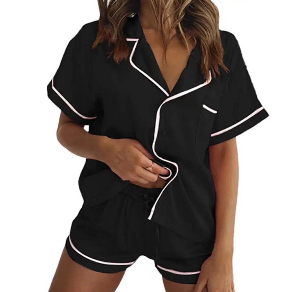 

2021 New Pajamas Short Sleeve Drawstring Two Pieces Set Loungewear Turn Down Collar T-shirt Shorts Homewear Set for Summer