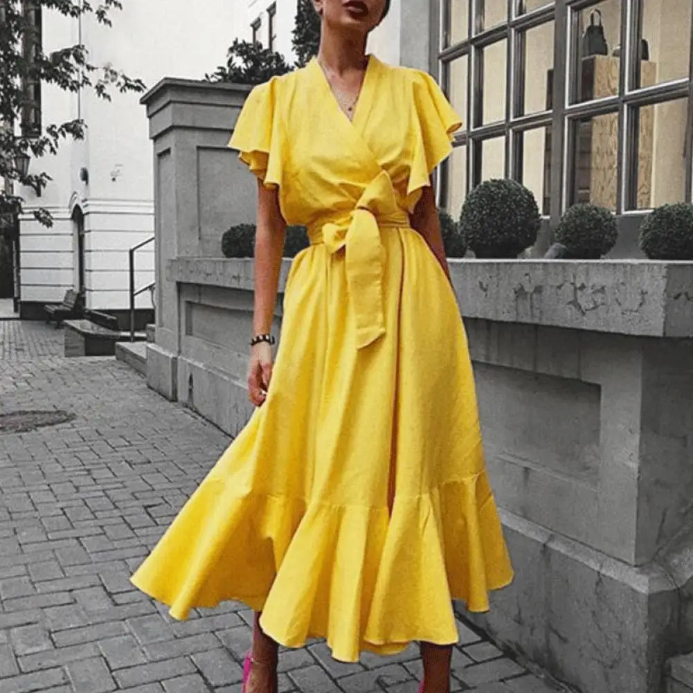 

Bohemia Women Dress 2021 Summer Ruffle Short Sleeve Maxi Tanks Vestidos Casual Solid Large Hem V-neck Lace Up Sundress Plus Size