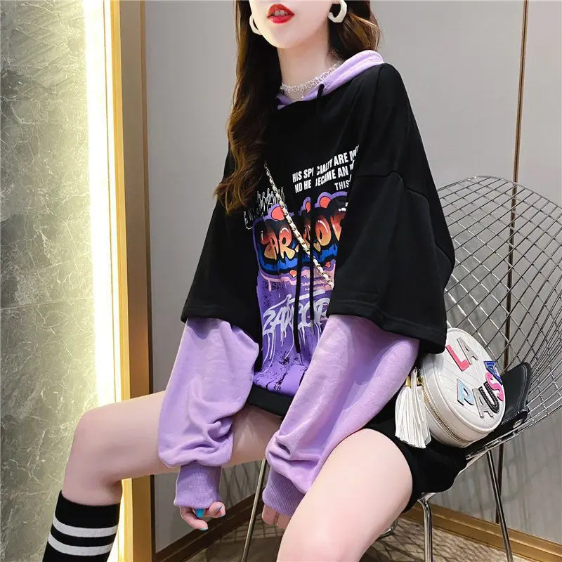 

autumn women print Fake two-piece long-sleeved Pullover Oversized hoodie Korean street Sweatshirts girls loose woman clothes