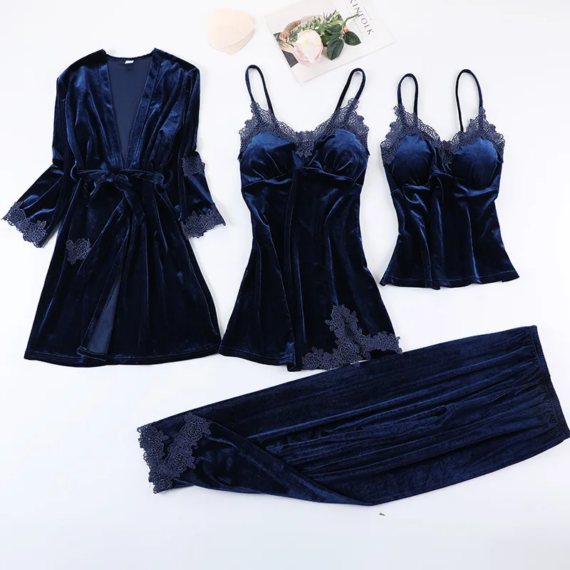 

Velour 4PCS Pajamas Suit Long Sleeve Homewear Autumn New Casual Nightwear Intimate Lingerie Navy Blue Lace Sleep Set Pyjamas