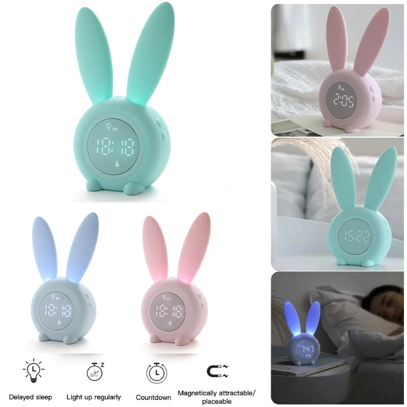 

Цифровой светодиодный Будильник с милыми ушками кролика, электронный ночник с голосовым управлением и подключением по USB, настольные часы, ...