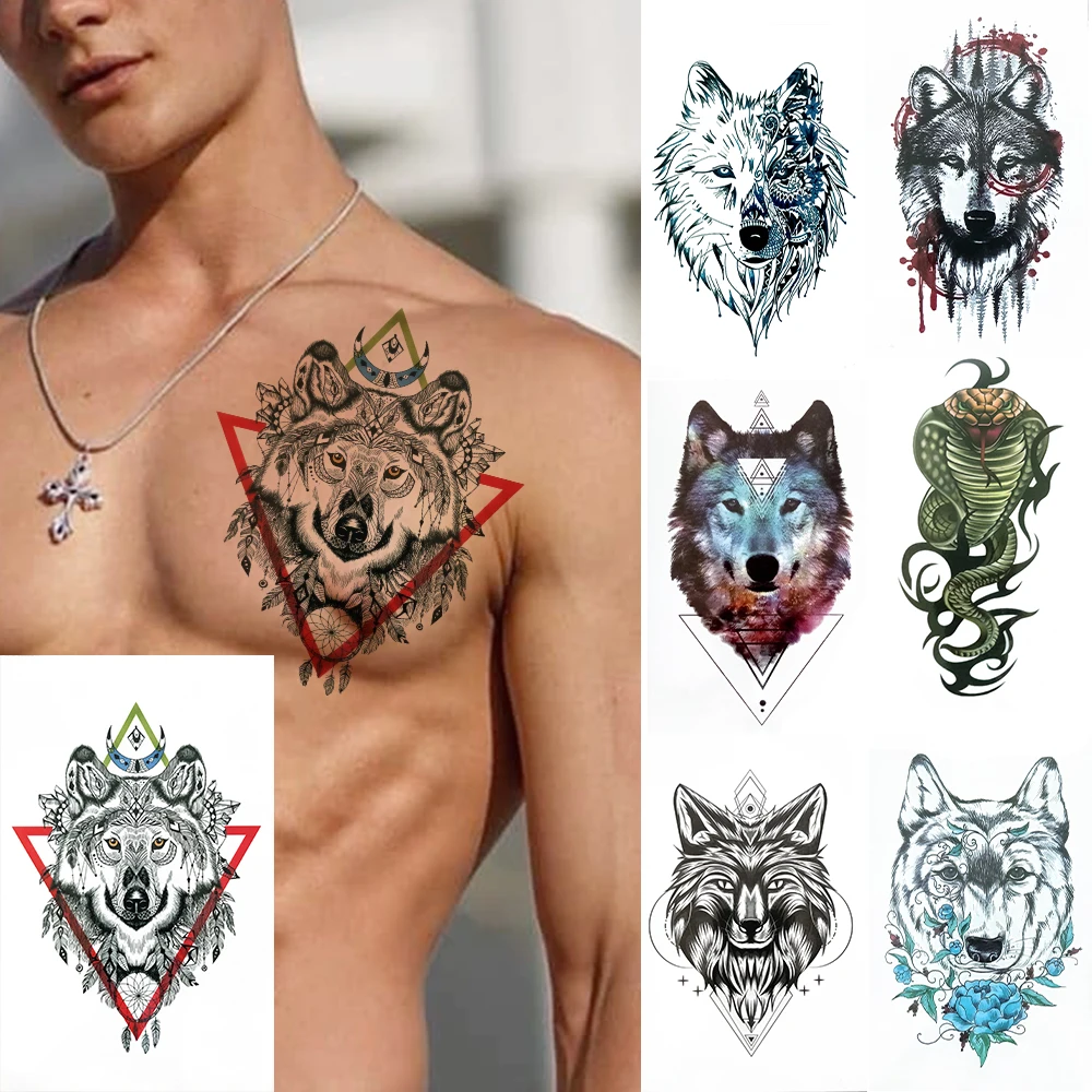 Фото Волчья хна Поддельные Временные татуировки для мужчин женщин треугольный спрей