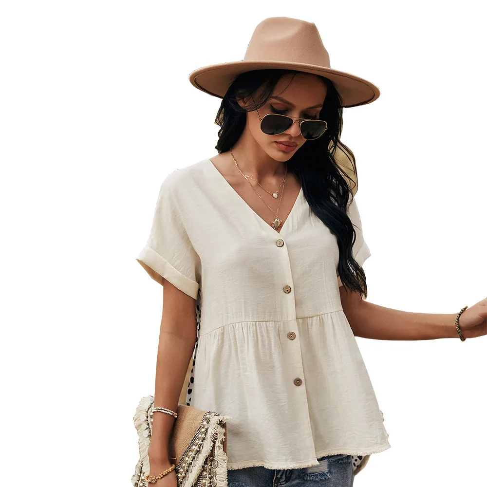 

Casual Cotton and Linen Top Women's Shirt Blouese Summer 2021 fashion Short Sleeve Leopard Print Patch Shirt for womens tops