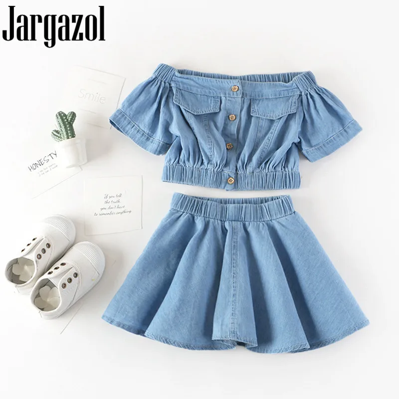 Фото Модная Корейская летняя одежда Jargazol для девочек джинсовый топ с открытыми
