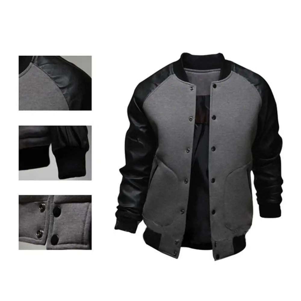

Men Long Raglan Sleeve Buttons Pocket Coat Color Block Varsity Jacket Single Breasted Stand Collar Male Outerwear For Daily Life