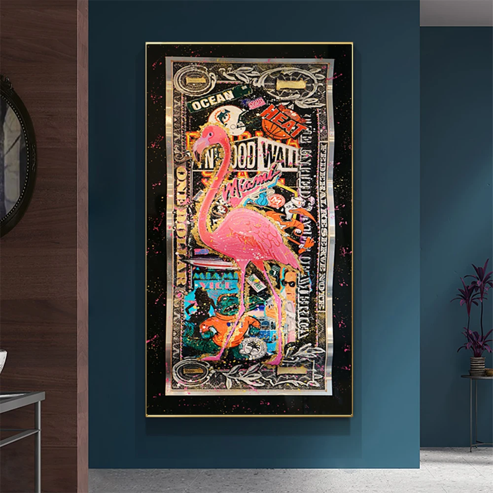 

Graffiti Flamingo On Golden Dollar Abstract Art Prints Money Picture On Canvas Wall Painting Posters Living Room Home Decoration