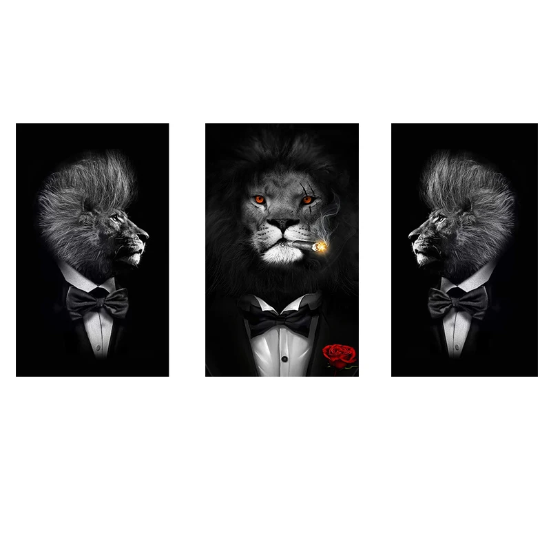 

Funny animal black and white lion in suit canvas art prints and posters, abstract animal art mural pictures fo room decoration