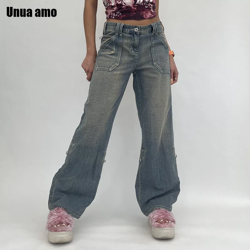 Unua amo Vintage Solid Casual Baggy Jeans Woman Stylish Big Pocket Design Straight Trousers Female Streetwear Wild Denim Pants
