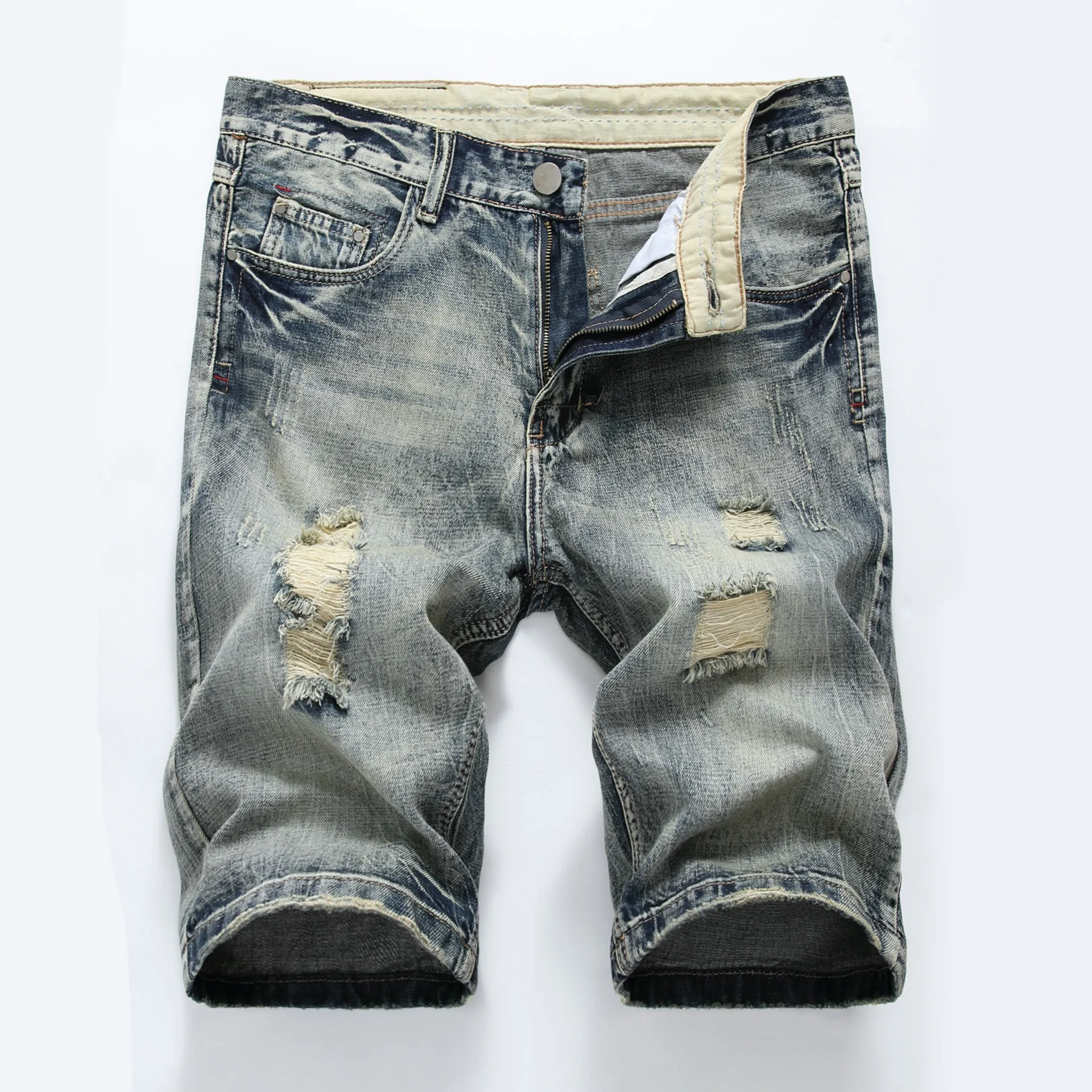

Summer cotton hole denim shorts male ripped jeans retro men jean shorts bermuda skate board harem mens jogger ankle Length