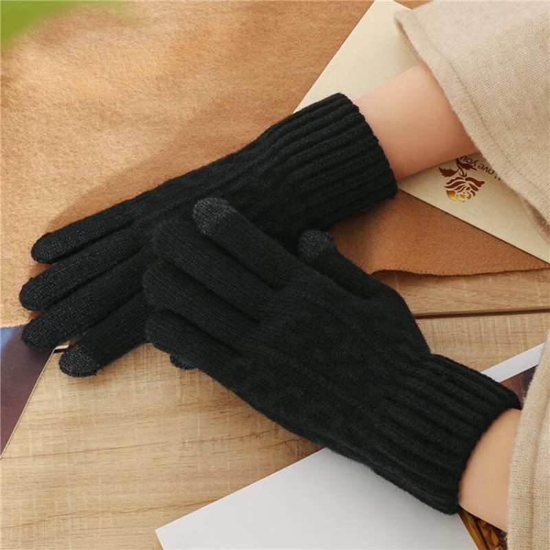 

Зимние модные перчатки для сенсорного экрана, женские шерстяные вязаные теплые варежки с милым мультяшным медведем и принтом пальцев