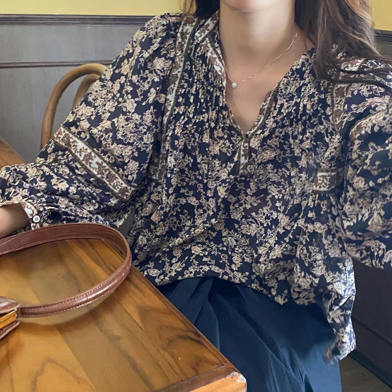 

2021 Retro Women Blouses Korean Blouse Top Floral V Collar Lantern Sleeves Sweet Versatile Chiffon Shirt M53