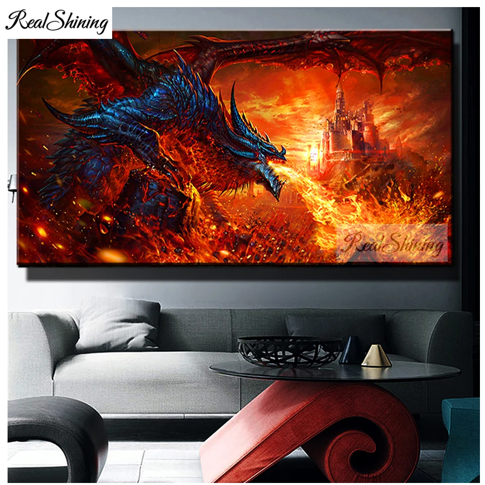 

Алмазная живопись Аниме игра огонь Дракон Пейзаж Вышивка крестиком Картина стразы искусство T432