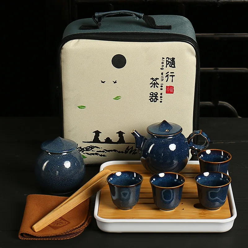 Blue 6Pcs Bag Китайский чайный набор для путешествий, чайный набор кунг-фу, керамический портативный чайник, контейнеры для чая, инструменты для питья, уличная чашка, кофейник - Цвет: Blue 6Pcs Bag