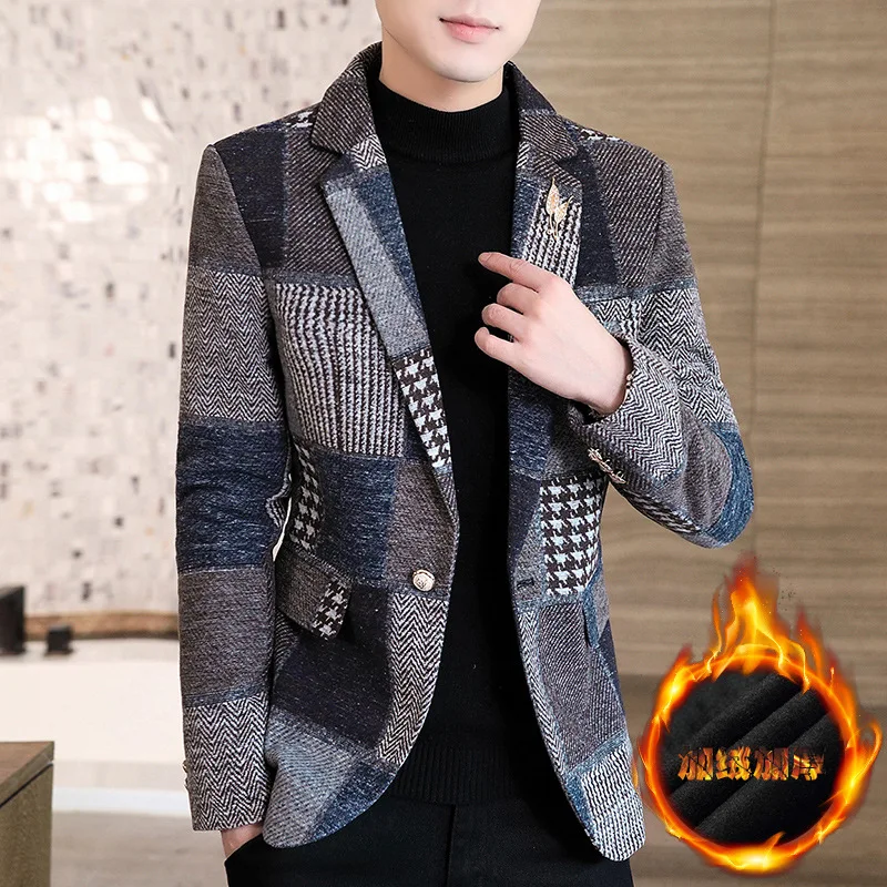 Мужской зимний жаккардовый однотонный плотный Блейзер Молодежный приталенный