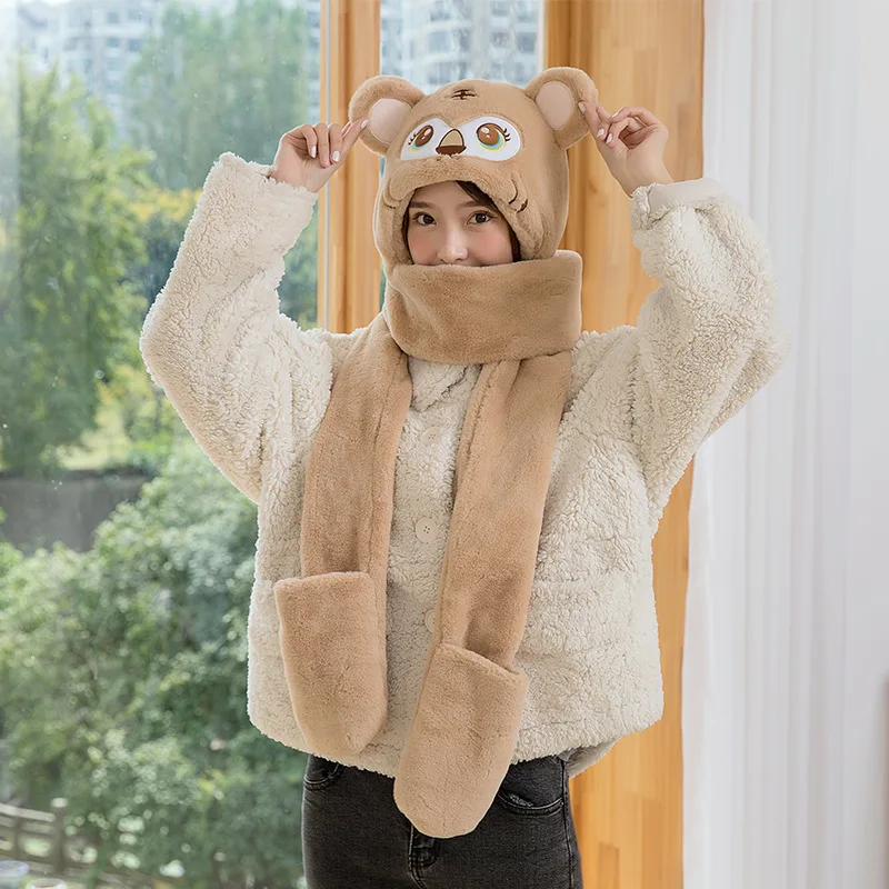 

Зимняя шапка и снуд для девочек, женский шарф из искусственного меха кролика Рекс, шапка, набор из трех предметов, милые зимние шапки для жен...