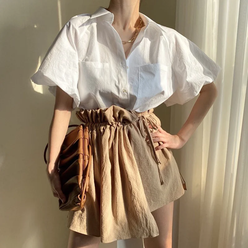 Женская рубашка с завышенной талией однобортная блузка лацканами и рукавами