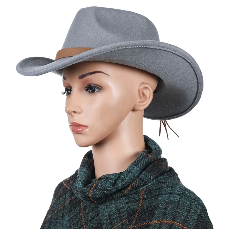 

2021 Fashion Women Men Wool Blend Western Cowboy Hat Wide Brim Cowgirl Riding Cap Winter Brown Hatband Size 56-58cm