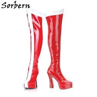 sorbern red and white costume boots crossdresser transgirl striped thigh high boot cosplay shoechunky high heel platform