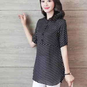 Женская блуза в горошек, Повседневная блуза с воротником-стойкой и коротким рукавом, весна-лето, DF3733, женские блузки рубашки