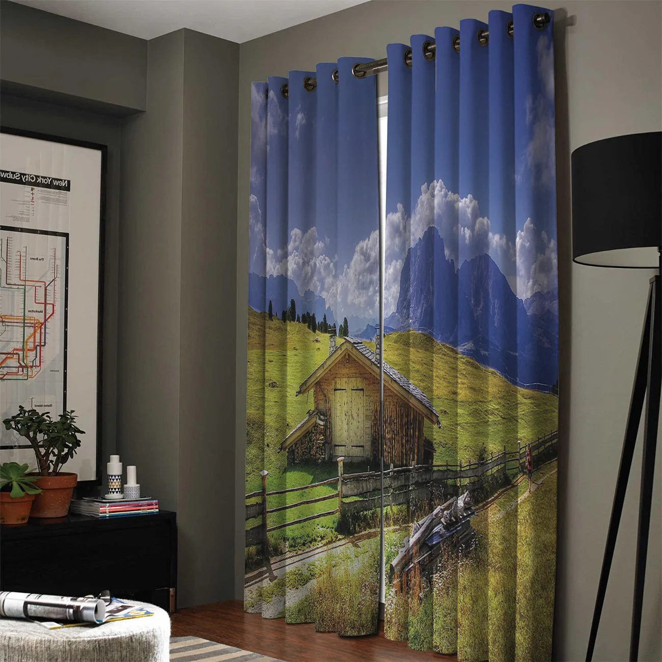 Grassland Cabin Pedestrian Mountains Sky Clouds Window Curtains Scenic for Living Room Decorative Items | Дом и сад