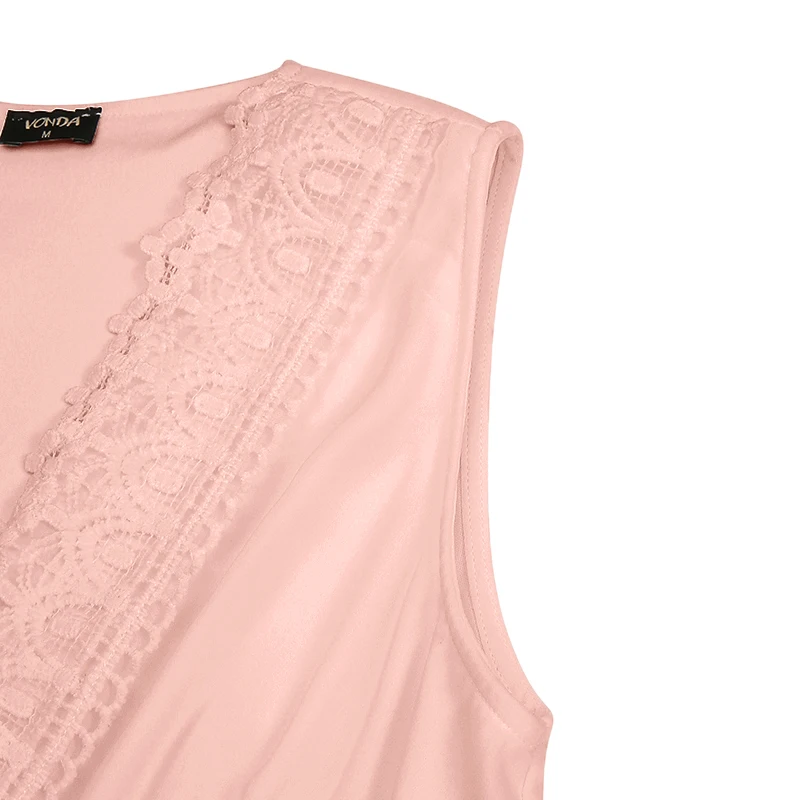 

Summer Dress VONDA Sexy Lace See Through V Neck Long Maxi Dresses Women Sleeveless Solid Pleated Sundress Plus Size Elegant Robe