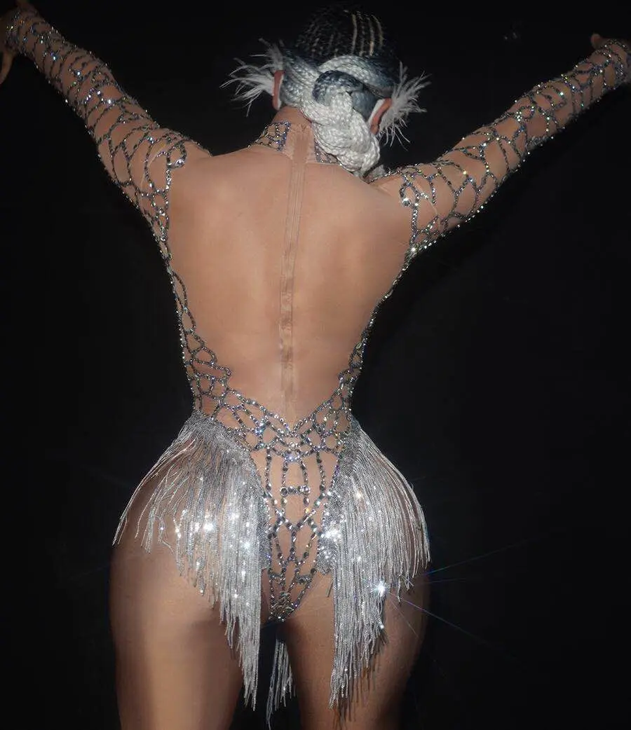 Sexy Stage Performance Shiny Rhinestones Fringes Nude Mesh Elastic Bodysuit Bar Nightclub Women Singer Dance Team DJ DS Costume