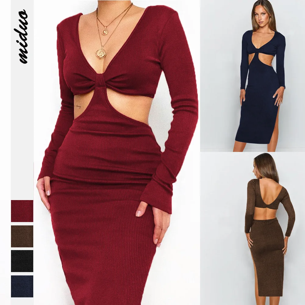 

Autumn Clothing Solid for Women clothes Fashion Sexy Hollow V-neck Long Sleeve Backless Split fork Dress Skinny vintage dresses