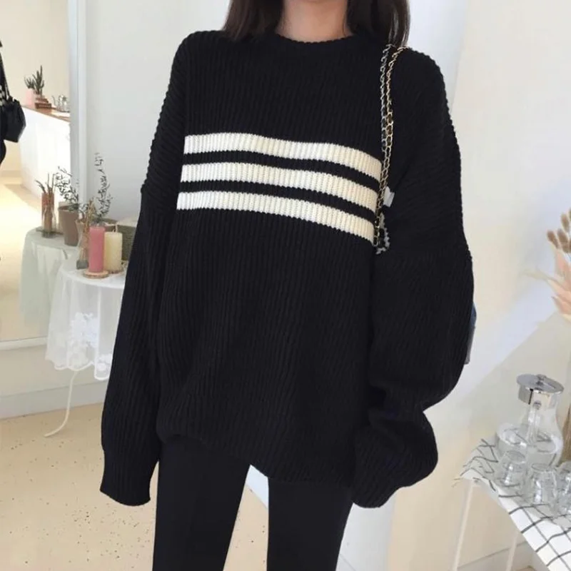 Осенне-зимний новый свободный кашемировый свитер в полоску European station черный