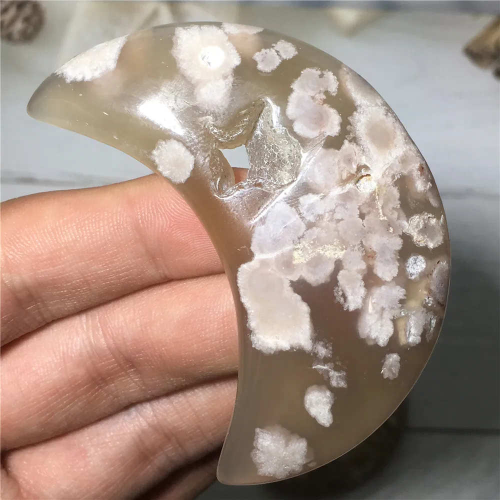 

Wand King Natural Sakura Agate Crystal Stone Hand Carved Lifelik Moon Home Decor Feng Shui Healing Druzy Cherry Flower Quartz