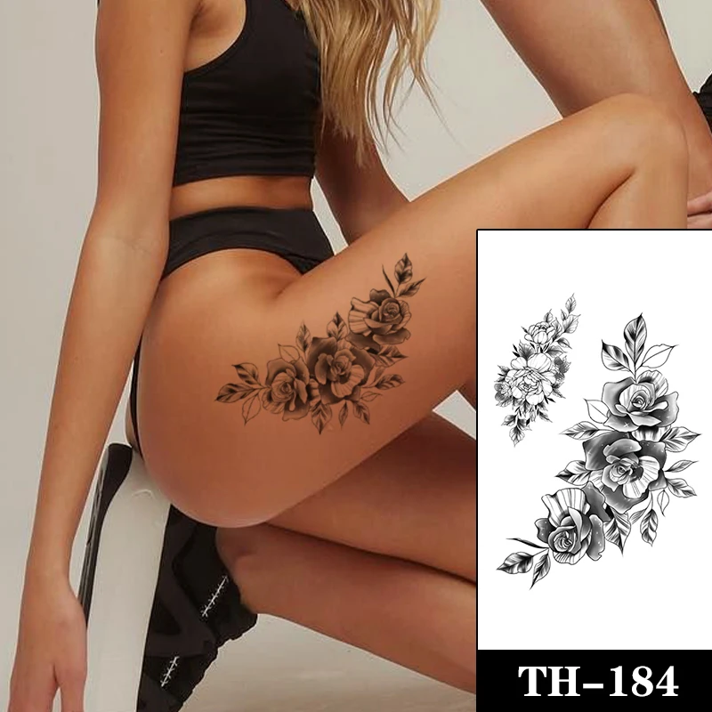 

Waterproof Temporary Tattoo Sticker Black Realistic Rose Peony Flower Leaves Fake Tattoos Flash Tatoo Arm Body Art for Women Men
