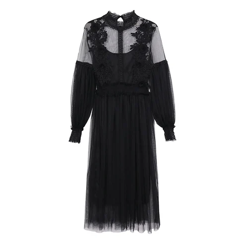 Женское Сетчатое платье с воротником стойкой прозрачное кружевное рукавами