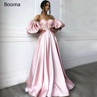 arabic pink satin prom dresses off shoulder detachable sleeves evening dresses 3d flowers beaded a line long formal gowns