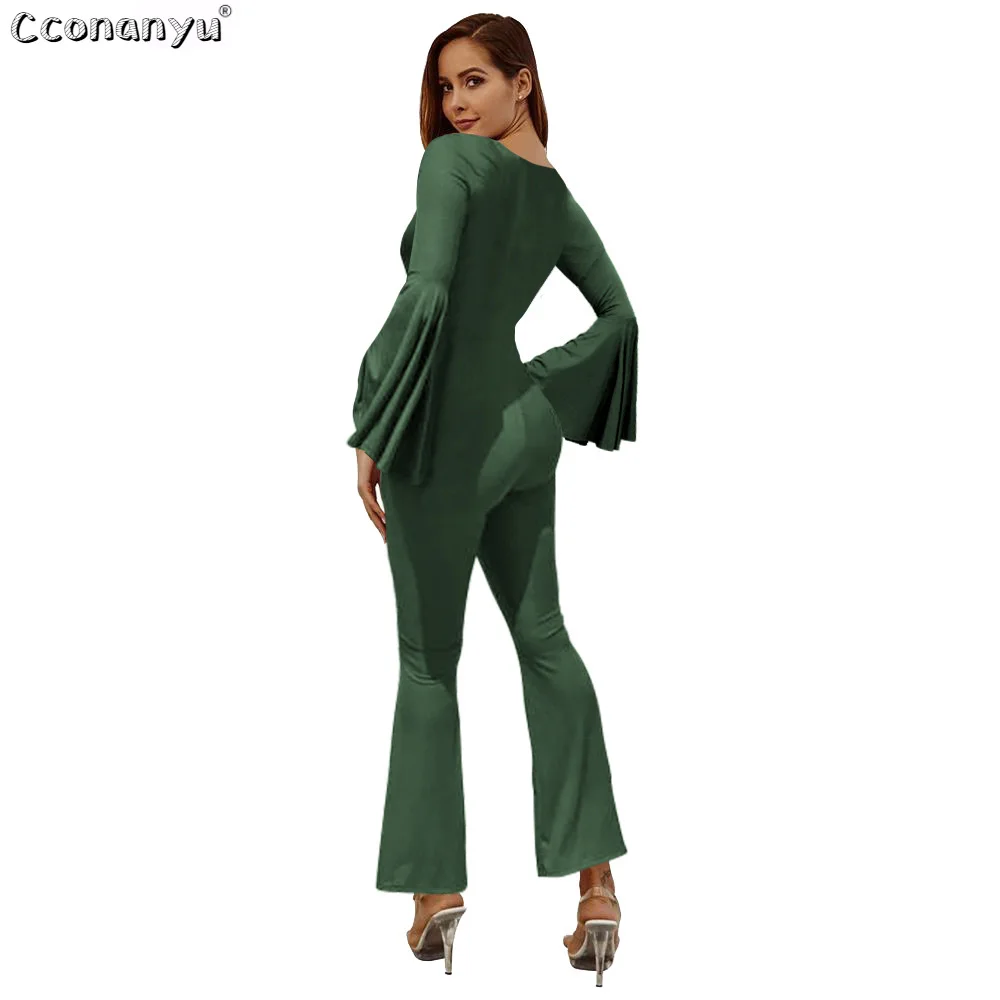 Женские комбинезоны с глубоким V образным вырезом и рукавами колокольчиками