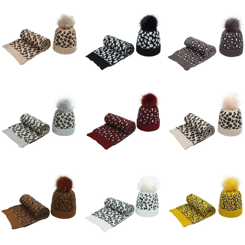

Women Winter Knitted Warm Beanie Hat and Scarf Set Vintage Leopard Print Fluffy Pompom Cuffed Skull Thicken Shawl