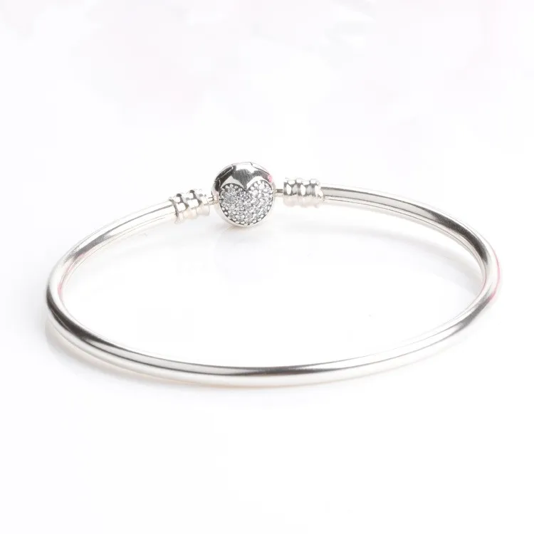 

100% 925 Silver Pan Bracelet Silver Round With Heart Crystal Cz Pan Bracelet Fit European Charm Bracelets Women Jewelry