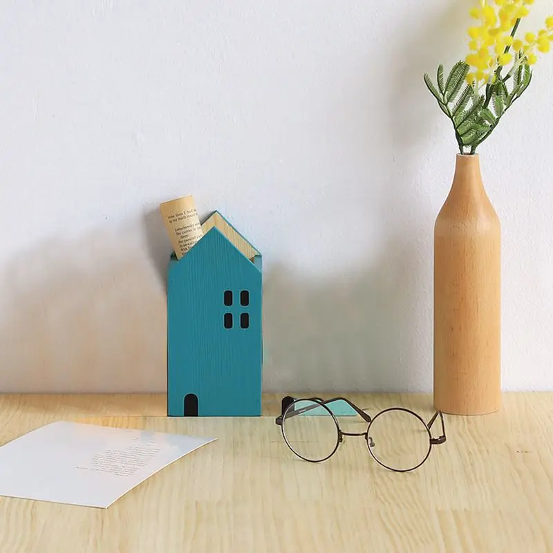 

Creative House Shape Wooden Pencil Pen Holder Desktop Organizer Container Brush Pot Stationery School Office Supplies