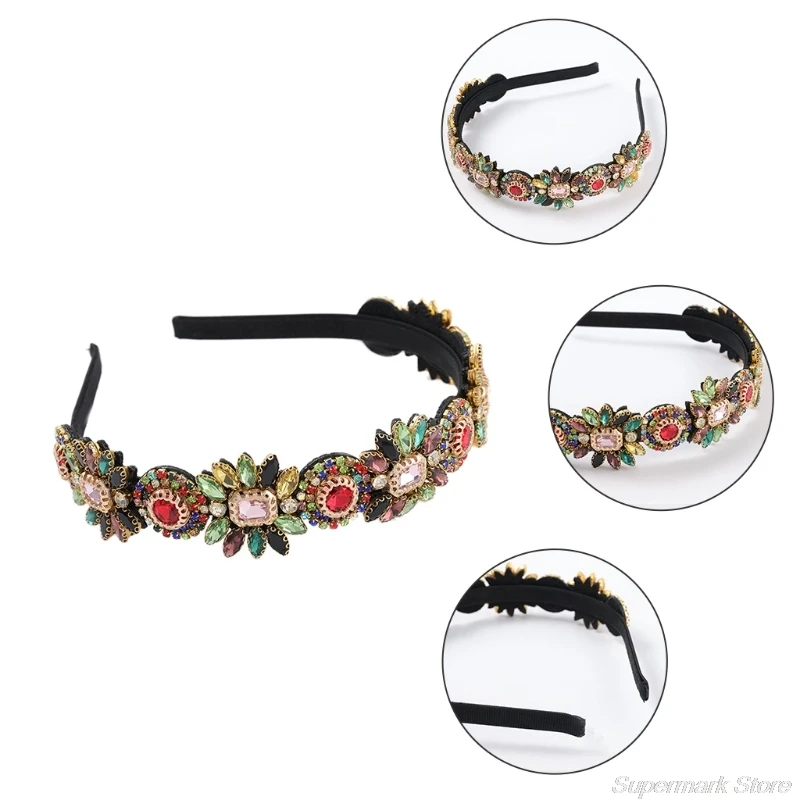 

Ethnic Rainbow Glass Drill Floral Headband Glitter Multicolor Rhinestone Metal Hair Hoop Vintage Party Styling Bandana A28 21