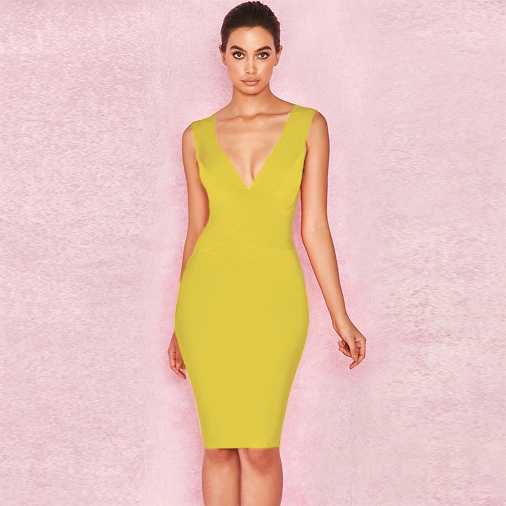 

Ocstrade 2019 New Summer Ginger Stamp V Neck Sleeveless Mini Simple Fashion Bandage Dress FPPHK036