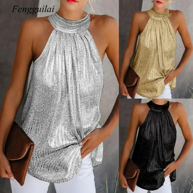 

Women Gold Blouse 2020 New Fashion High Neck Sleeveless Hatler Tank Top Vest Summer Casual Loose Blouse Shirt Tee