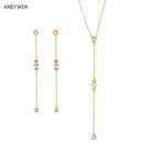 ANDYWEN 925 Стерлинговое Серебро Золото средней длины ожерелье пирамид длинные серьги vergrid Кристалл CZ изысканный ювелирный комплект 2021 свадебный подарок