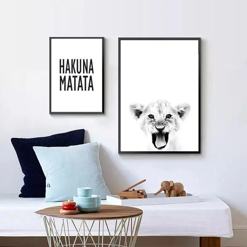 

Baby Lion Poster Wildlife Animal Black White Canvas Painting Hakuna Matata Quotes Print Wall Art Pictures Living Room Home Decor