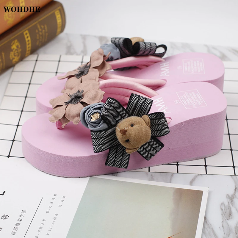 

Wohdhe Wholesale Women Slippers Sandals Bowknot Flower Handmade Beach Flip Flops Shales Summer For Women Platform 6cm 2021 New